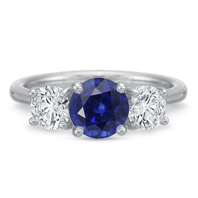 68460 Ladies Three Stone Round Ceylon Sapphire 2.50 CT Diamonds Ring, Size 6.5
