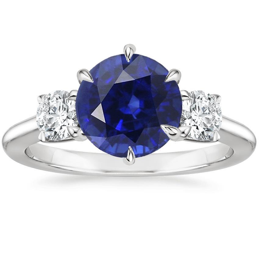 68461 3.50 CT 3 Stone Round Diamonds Deep Blue Sapphire Ring Prong Set, Size 6.5