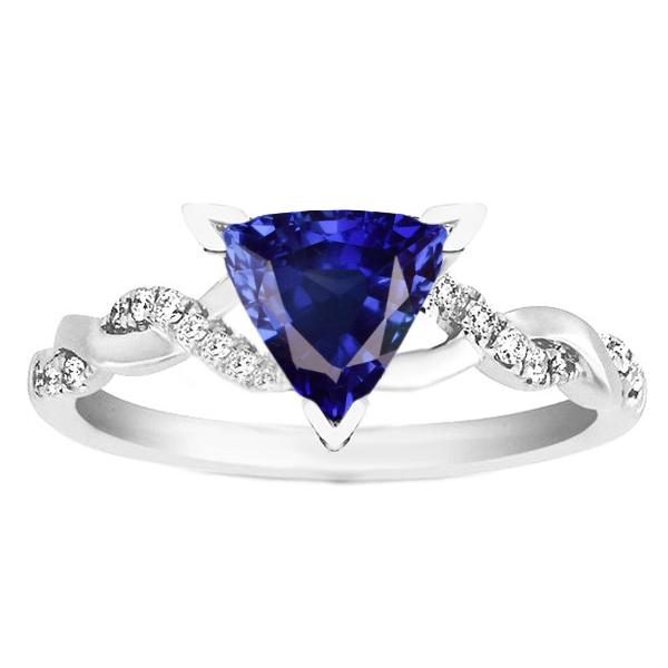Diamond Trillion V Prong Blue 2 CT Twisted Style Sapphire Ring, Size 6.5