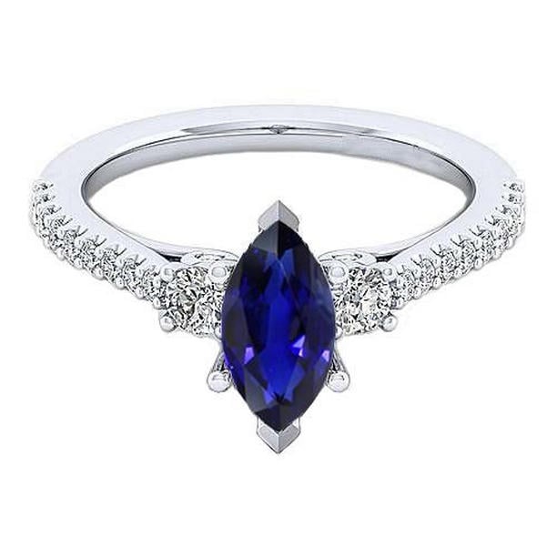68463 V Prong Marquise Blue Sapphire 2.50 CT 3 Stone Style Gemstone Ring, Size 6.5