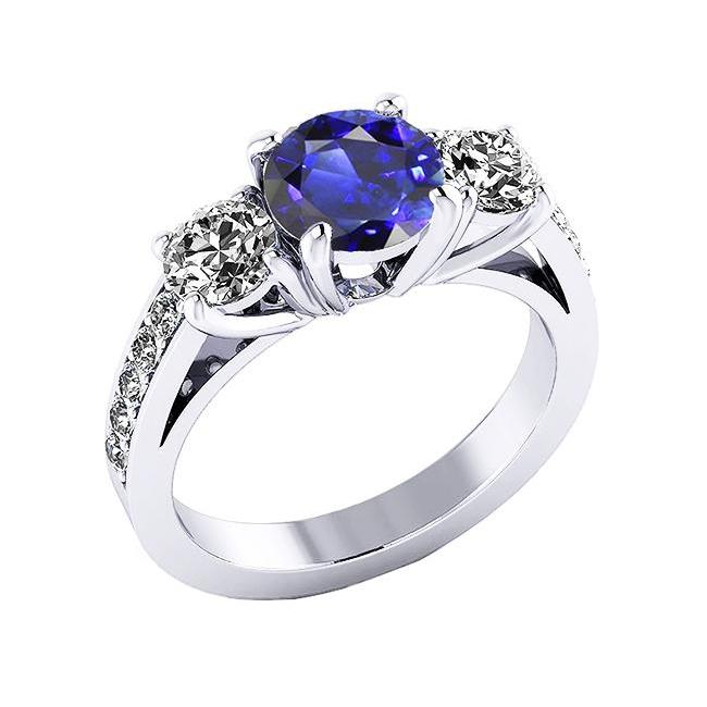 68465 2.50 CT 3 Stone Style Round Ceylon Sapphire Diamond Ring, White Gold - Size 6.5