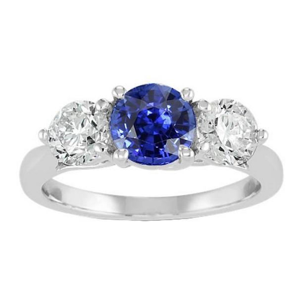 68469 Womens Three Stone Round Natural Blue 2 CT Diamonds Sapphire Ring, Size 6.5