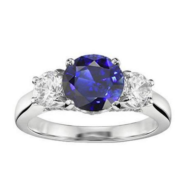 68471 2 CT Three Stone Round Natural Blue Sapphire & Diamonds Ring, Size 6.5