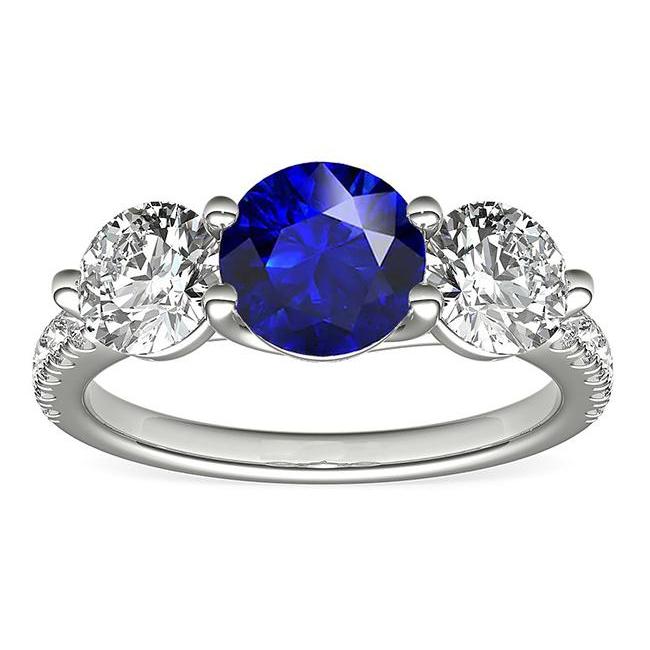 3 CT Diamond Round Ceylon Sapphire Engagement Ring, Size 6.5