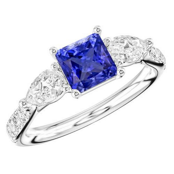 68868 3 CT Blue Sapphire Gemstone Radiant Cut Pear & Round Diamonds Ring, Size 6.5