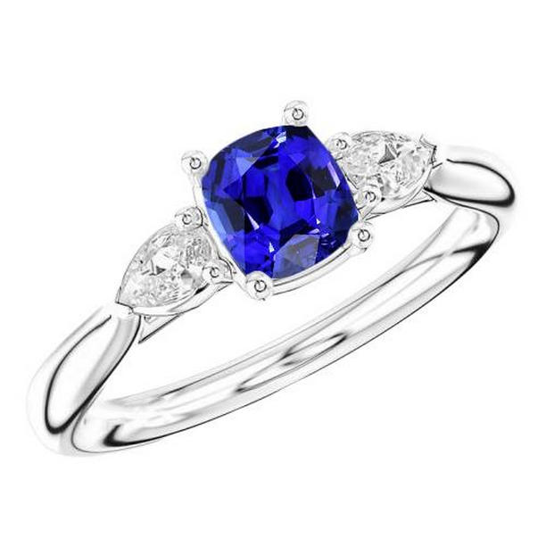 68869 Ladies Three Stone Cushion 2 CT Pear Diamond Sapphire Ring, Size 6.5