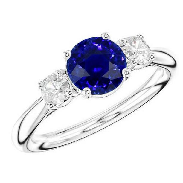68870 Engagement Three Stone Round Blue Sapphire 2.50 CT Diamonds Ring, Size 6.5