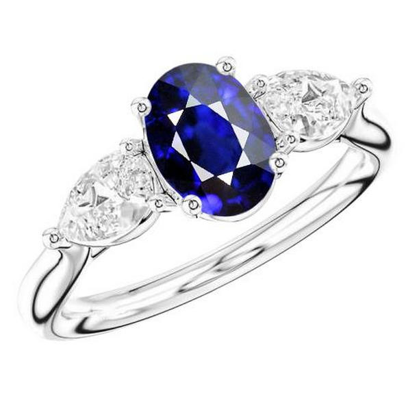 3 CT Three Stone Oval Deep Blue Sapphire & Pear Diamonds Ring, Size 6.5