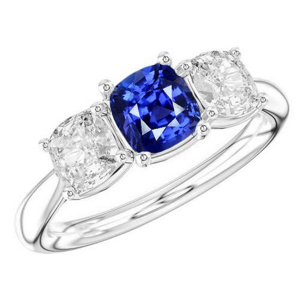 68873 Cushion Sapphire Three Stone 2.50 CT Diamonds Gold Ring, Size 6.5
