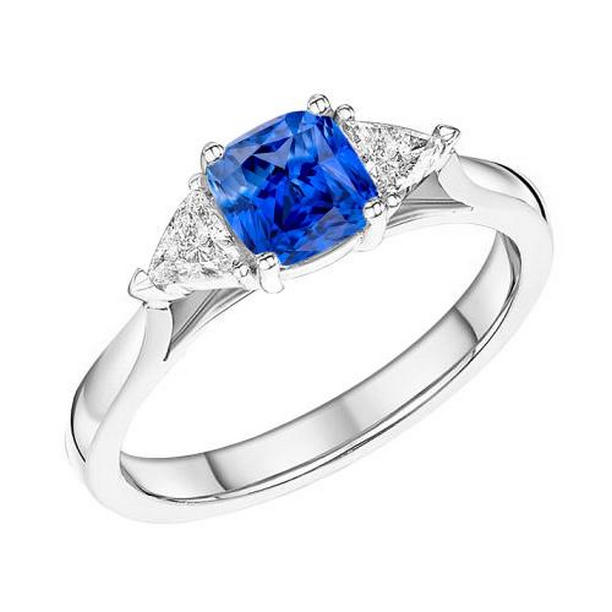 68875 3 Stone Cushion Light Blue 1.50 CT Trillion Diamonds Sapphire Ring, Size 6.5