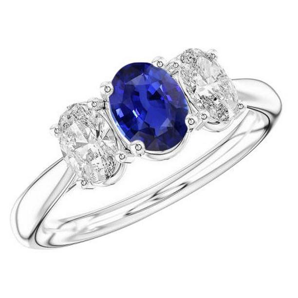 68877 3 Stone Oval Sapphire 2.50 CT Tapered Shank Diamonds Wedding Ring, Size 6.5