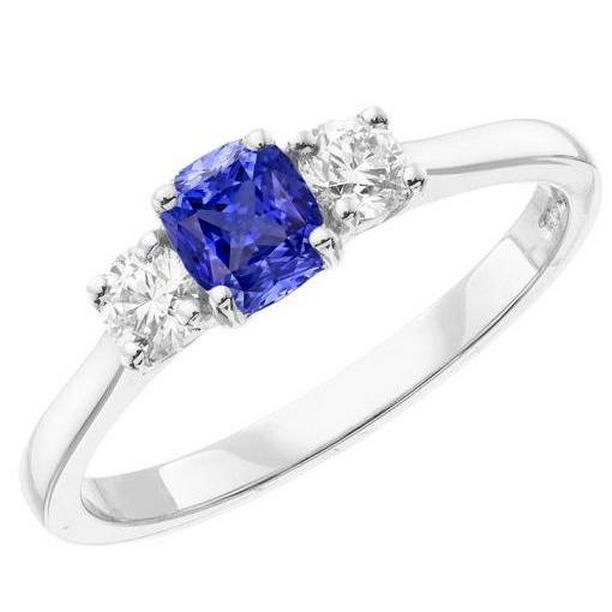 68879 Gold Three Stone Radiant Sapphire 2 CT Diamonds Engagement Ring, Size 6.5
