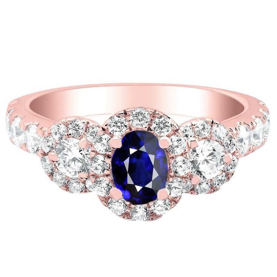 68882 5.50 CT Rose Gold Halo Oval 3 Stone Style Diamonds Sapphire Ring, Size 6.5