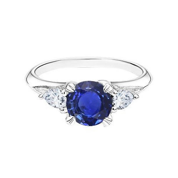 68887 Blue Sapphire 3 Stone Round 1.50 CT Pear Diamonds Sapphire Ring, Size 6.5