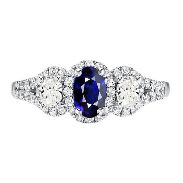 68888 Oval Sapphire 3 Stone Style 3.50 CT Split Shank Diamonds Halo Ring, Size 6.5