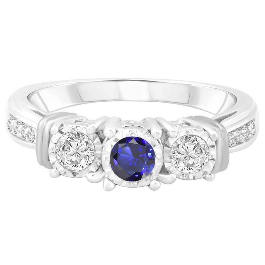 68892 3 CT Round Diamond Bezel Set Blue Sapphire Ring, 14K White Gold - Size 6.5