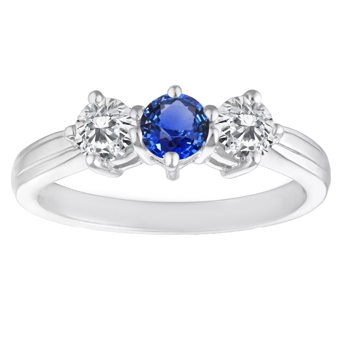 3 Stone Round Natural Blue Sapphire 4 CT Diamonds Anniversary Ring, Size 6.5