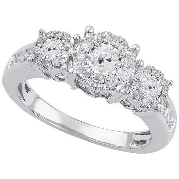 69417 3 CT Round Old Miner 3 Stone Style Diamond Ring, White Gold - Size 6.5