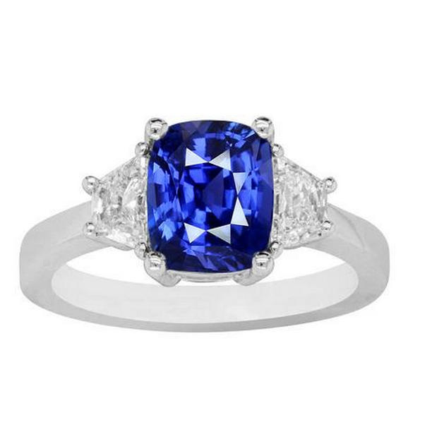 69419 2.50 CT Trapezoid Diamond & Cushion Blue Sapphire 3 Stone Ring, Size 6.5