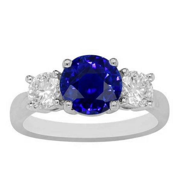 69420 3 CT Round Diamond 3 Stone Natural Blue Sapphire Gemstone Ring, Size 6.5