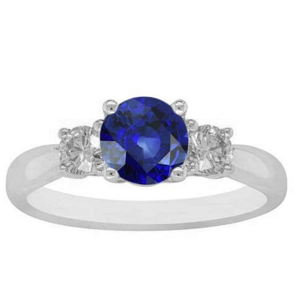 69424 2 CT Ladies Round Diamonds & Blue Sapphire 3 Stone Gemstone Ring, Size 6.5