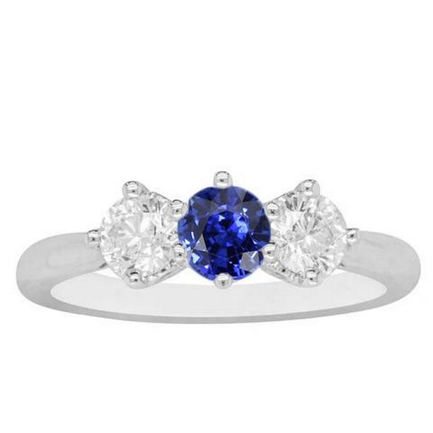 69425 2.50 CT Three Stone Round Diamond Sapphire Ring, 14K White Gold - Size 6.5