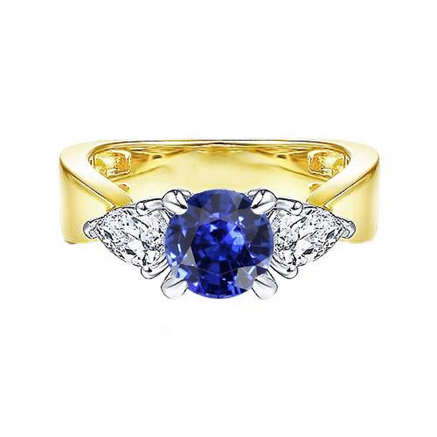 Picture of Harry Chad Enterprises 69427 Pear Diamond 3 Stone Blue 2 CT Two Tone Prong Sets Sapphire Ring, Size 6.5