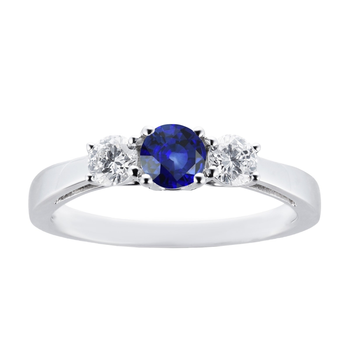 Round Diamond & Ceylon 3 CT 3 Stone Sapphire Ring, 14K White Gold - Size 6.5