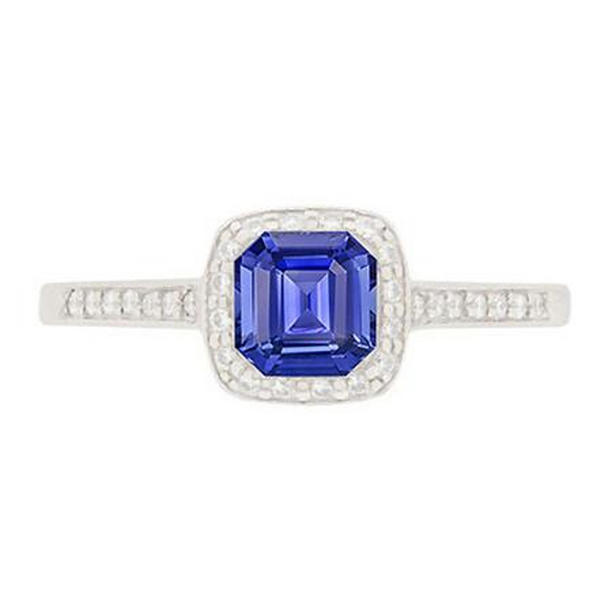 1.75 CT Round Diamond Halo Asscher Blue Sapphire Engagement Ring, Size 6.5