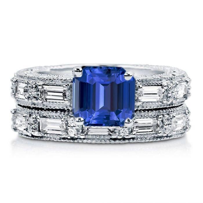 69436 4.50 CT Antique Style Engagement Diamond Emerald Sapphire Ring Set, Size 6.5