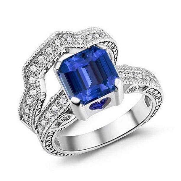 3.50 CT Diamond Engagement Ring Set with Vintage Style Blue Sapphire, Size 6.5