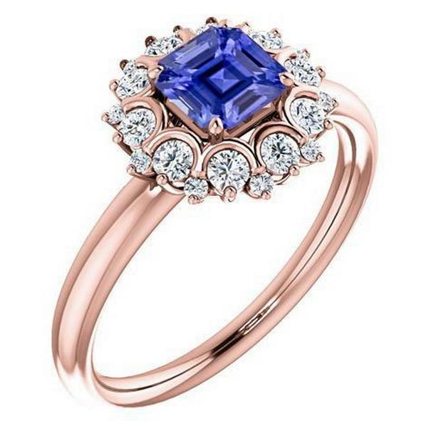 69438 3 CT Rose Gold Asscher Cut Ceylon Sapphire Flower Style Halo Ring, Size 6.5