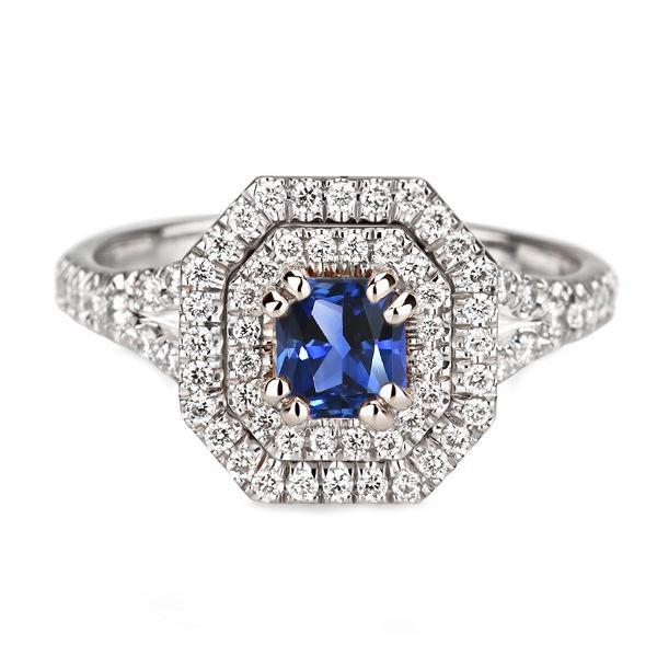 69439 3.50 CT Halo Diamond Asscher Cut Gold Split Shank Sapphire Ring, Size 6.5