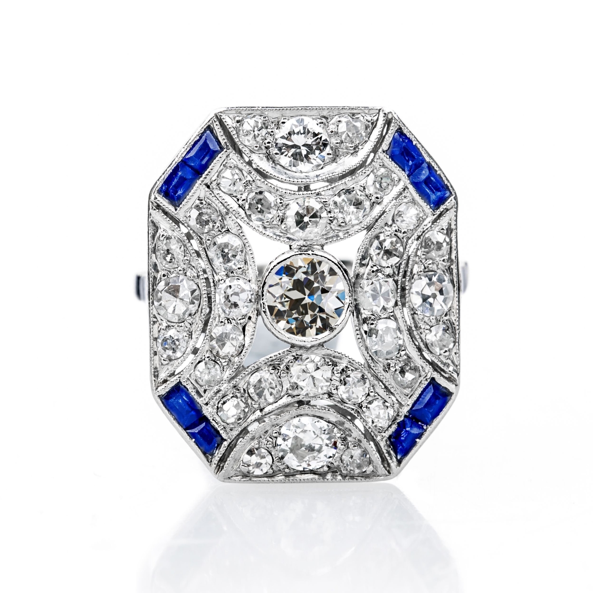 71075 3.50 CT Old Miner Diamond Gemstone Blue Sapphire Bezel Halo Ring, Size 6.5