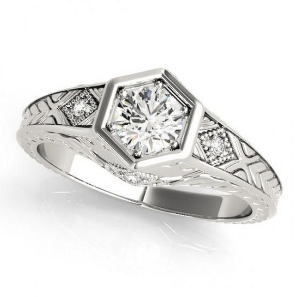 10604 1.50 CT Diamond Engraved Antique Style Engagement Ring, 14K White Gold - Size 6.5