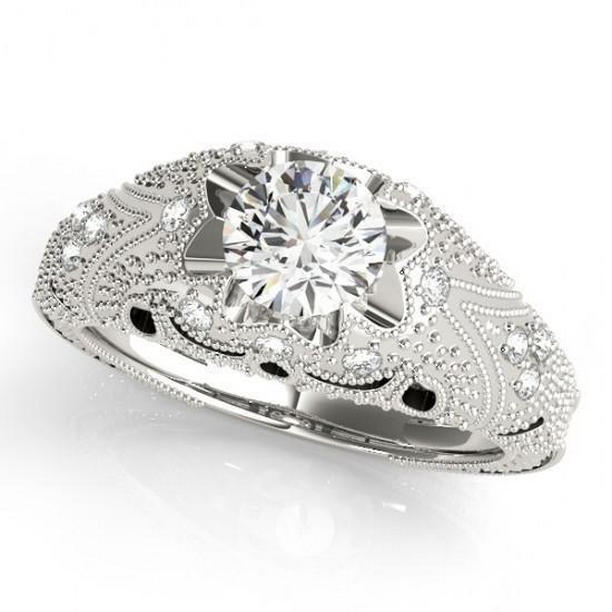 10611 1.50 CT Diamond Engraved Solid Engagement Ring, 14K White Gold - Size 6.5