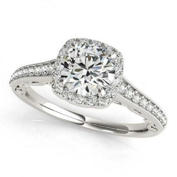 10799 1.50 CT Round Diamond Halo Filigree Engagement Ring, 14K White Gold - Size 6.5