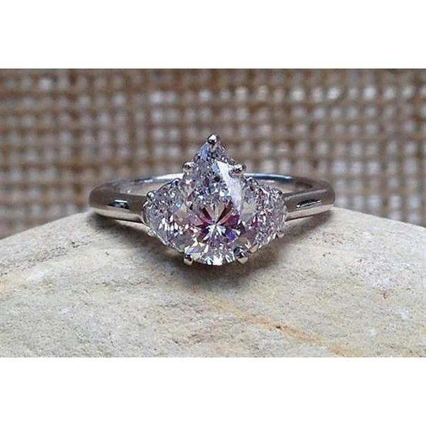 11009 2.11 CT Pear & Half Moon Diamonds Three Stone Ring, 14K White Gold - Size 6.5