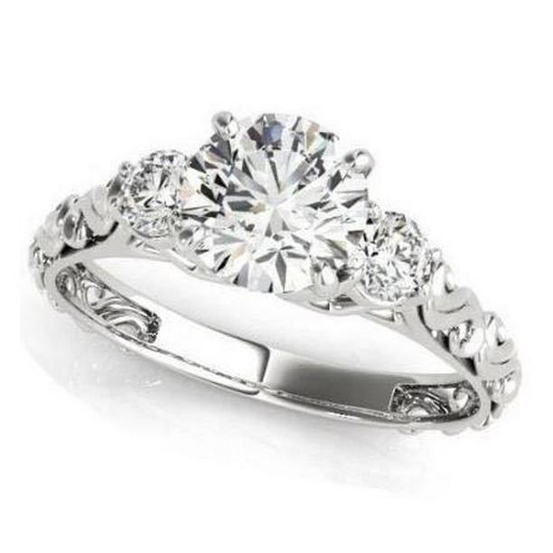 Antique Style 2 CT Round Diamonds Three Stone Ring, 14K White Gold - Size 6.5