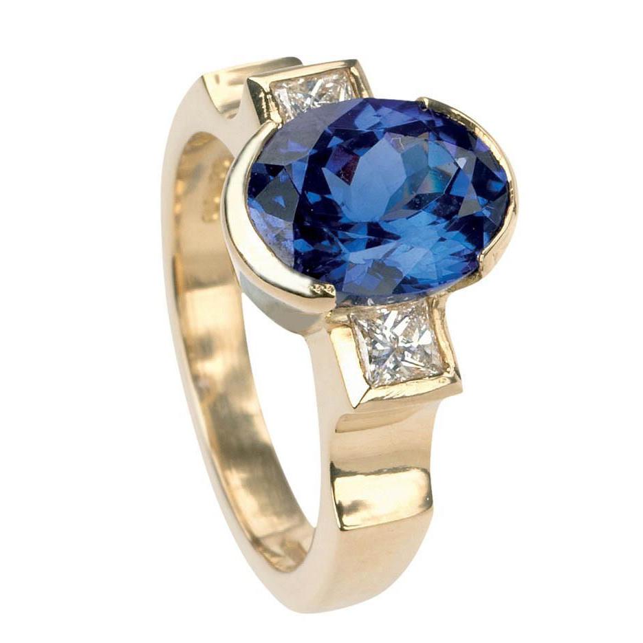 4241 Half Bezel 2.10 CT Tanzanite & Diamonds 3-Stone Gemstone Ring, Size 6.5