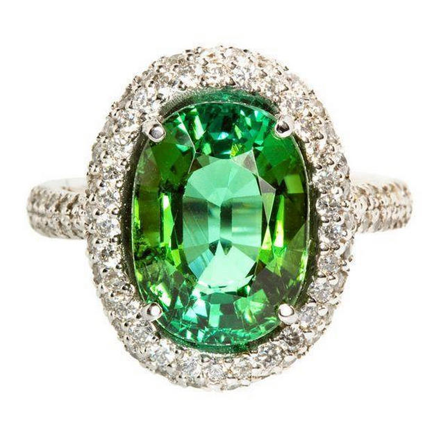 42432 11 CT Green Oval Cut Tourmaline Diamond Wedding Ring, 14K White Gold - Size 6.5