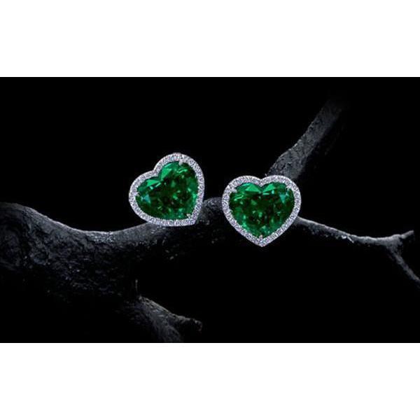 5.68 CT Heart Emerald with Diamond Stud Earring, 14K White Gold