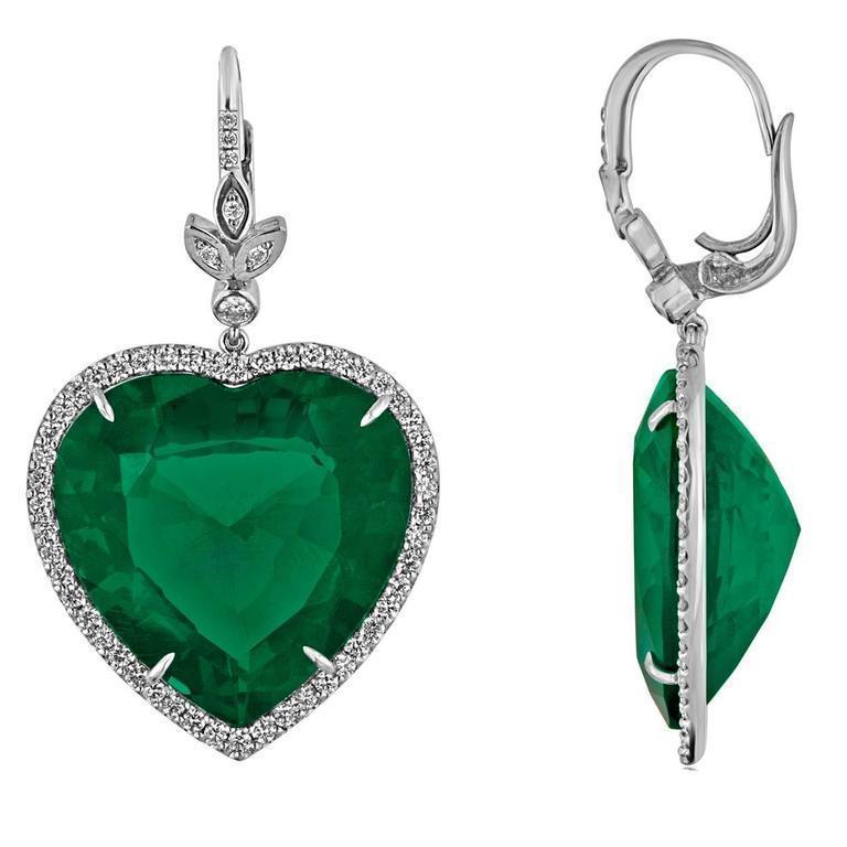 Picture of Harry Chad Enterprises 42492 21.20 CT Heart Emerald with Diamond Dangle Earring&#44; 14K White Gold