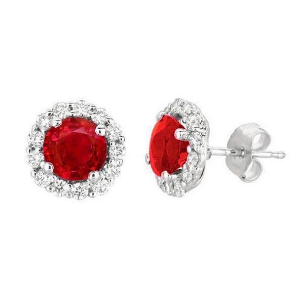 Ruby & Diamonds 3.30 CT Push Back Stud Earrings, 14K White Gold