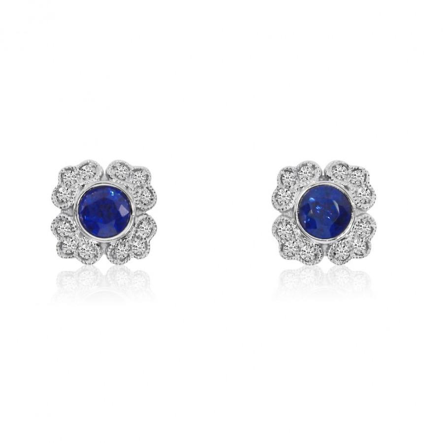 3.20 CT Ceylon Sapphire with Halo Diamond Stud Earring, 14K White Gold