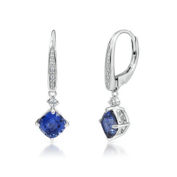2.40 CT Cushion Ceylon Sapphire & Round Diamond Dangle Earring