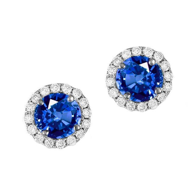 2.30 CT Halo Diamond Gold Round Ceylon Sapphire Stud Earring