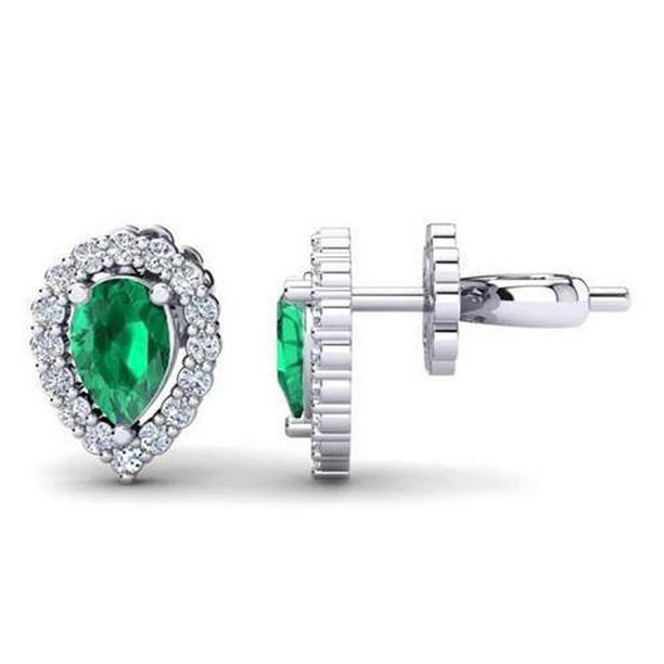5.40 CT Pear Emerald with Round Diamond Stud Halo Earrings, 14K White Gold