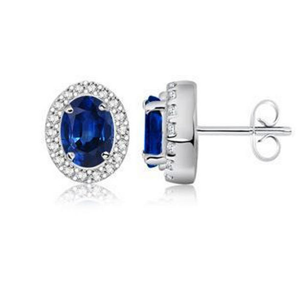 2.36 CT Oval Ceylon Sapphire Halo Diamond Stud Earring, 14K White Gold