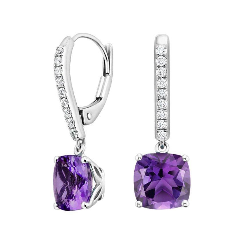 10.18 CT Amethyst & Diamond Dangle Earrings Prong Set, 14K White Gold
